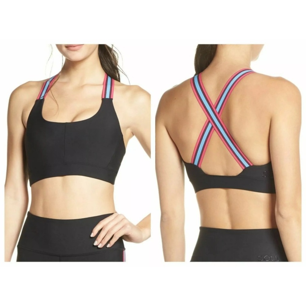 SOUL BY SOULCYCLE Contrast Stripe Cross Strap Sports Bra Black Sz M